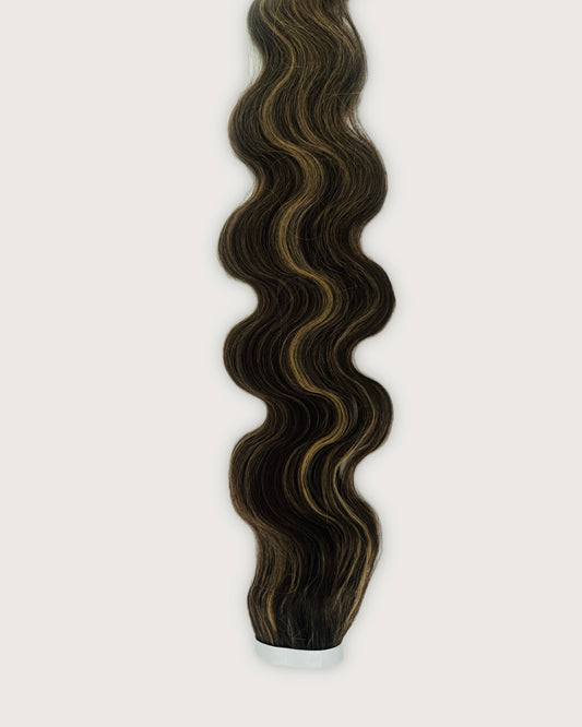 30” Wavy Tape-In Extensions – 210g Bio-Protein Fibre – Highlighted Medium Brown